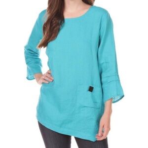 Ali Miles Turquoise Tunic Women’s Top 100% Linen 3/4 Sleeve Asymetric Sz Medium